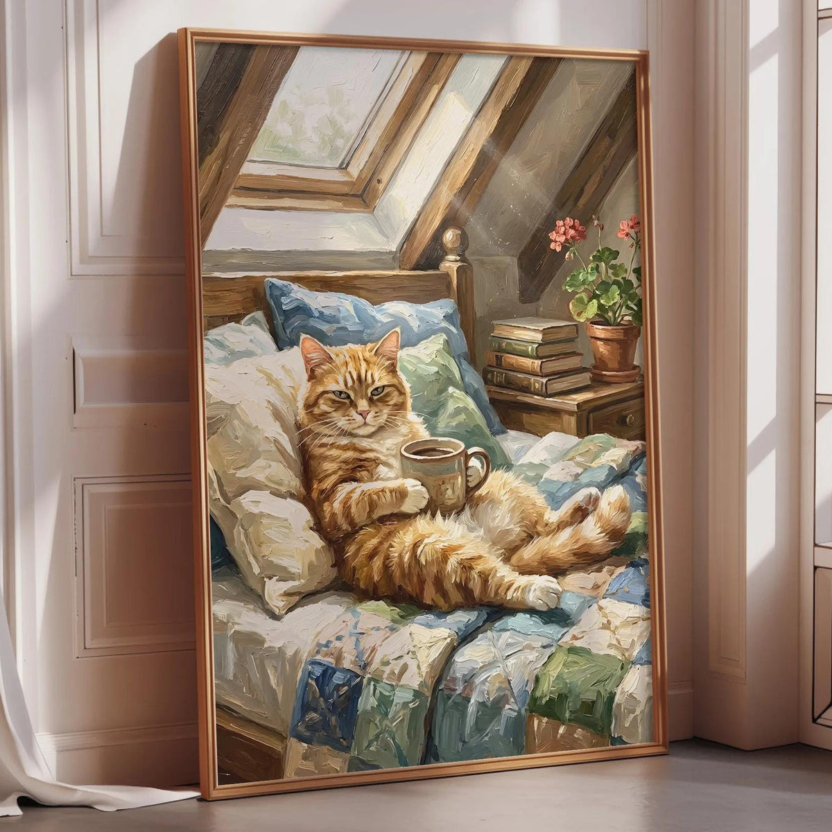 A framed painting depicting a cat sitting on a bed, holding a cup and surrounded by a cozy, homely atmosphere.