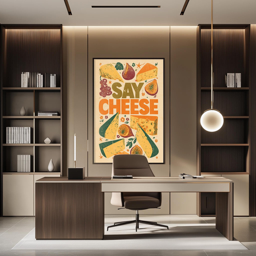 a modern office space with a large framed poster on the wall that says "Say Cheese". The office has a wooden desk, a chair, and a bookshelf. The overall design and decor of the space create a professional and stylish atmosphere.
