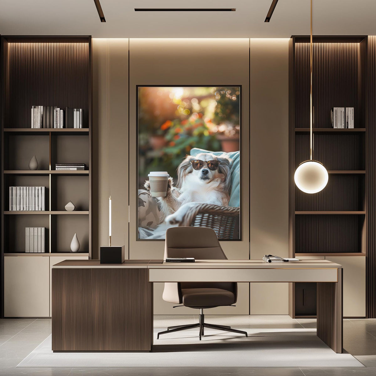 a modern office space with a large framed picture of a dog sitting in a basket, wearing sunglasses, and holding a cup of coffee. The office has a wooden desk, a chair, and a bookshelf with various books and decorative items.