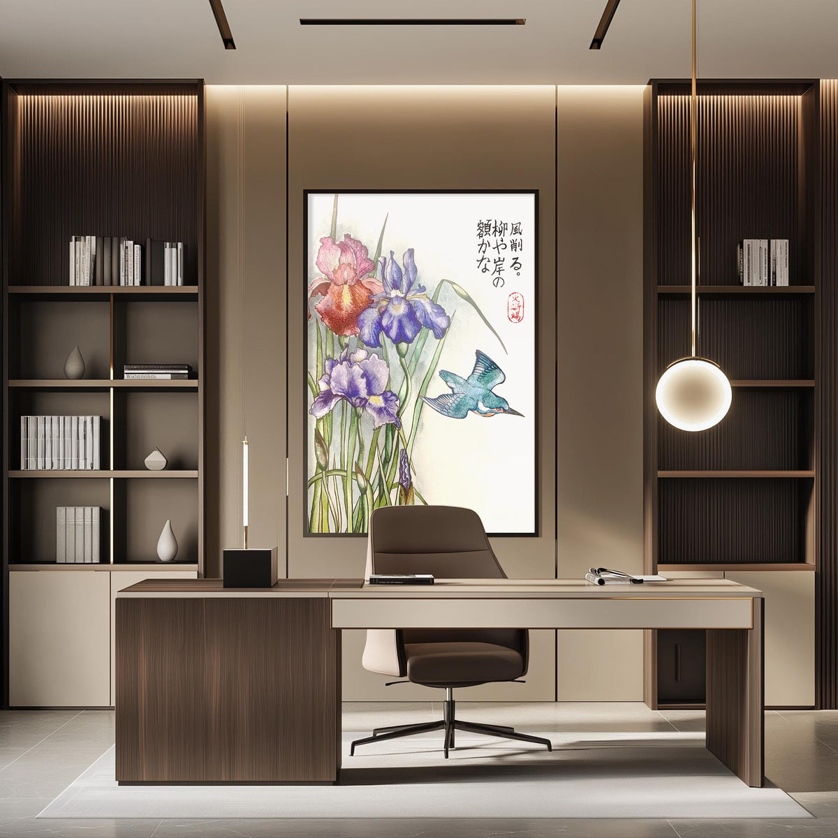 a modern and well-organized office space with a large framed artwork of colorful flowers on the wall, a wooden desk with a chair, and built-in bookshelves.