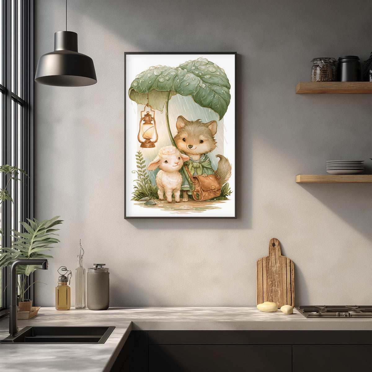 a cozy kitchen scene with a framed illustration of a wolf and a lamb sitting together under an umbrella, surrounded by various kitchen items and decor.