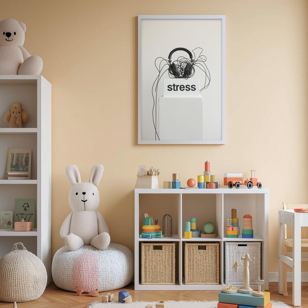 A cozy and colorful children's bedroom with a white bookshelf, a plush rabbit, and a toy train set. The walls are painted a light peach color, and there is a framed poster with the word "stress" on the wall.