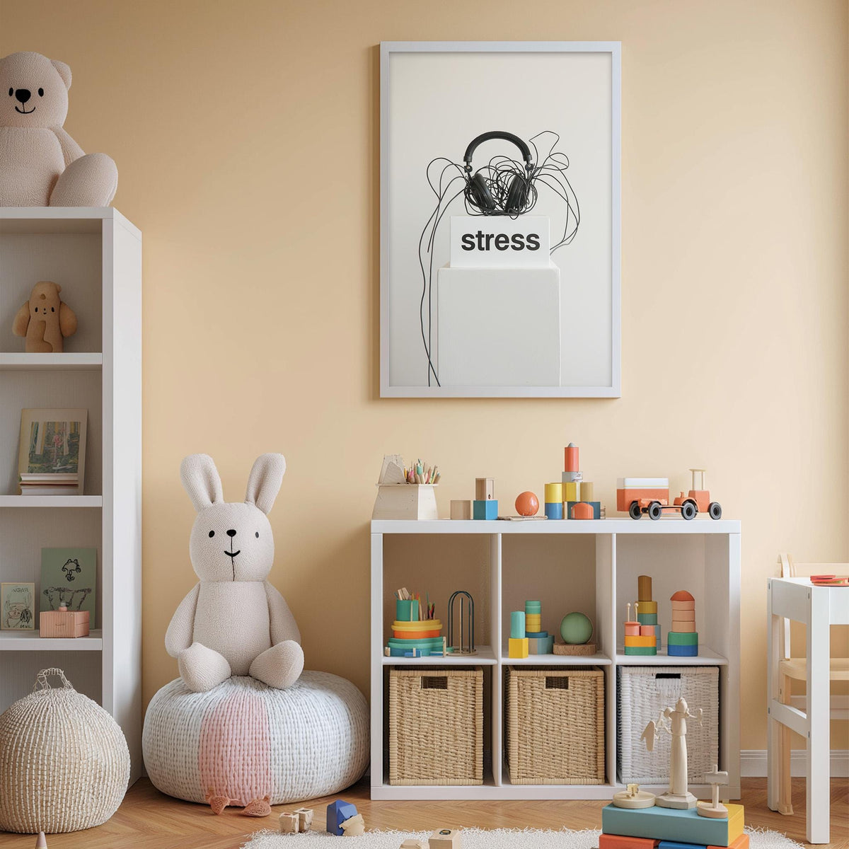 A cozy and colorful children's bedroom with a white bookshelf, a plush rabbit, and a toy train set. The walls are painted a light peach color, and there is a framed poster with the word "stress" on the wall.