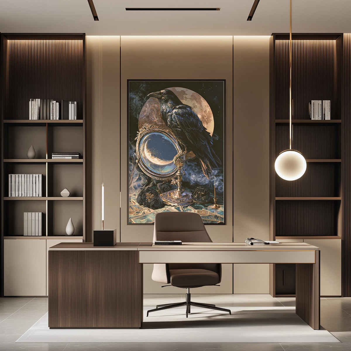 a modern and stylish office space with a large framed artwork of a bird and a crescent moon on the wall. The office features a wooden desk, a comfortable chair, and a bookshelf filled with books. The overall design and decor create a sophisticated and professional atmosphere.