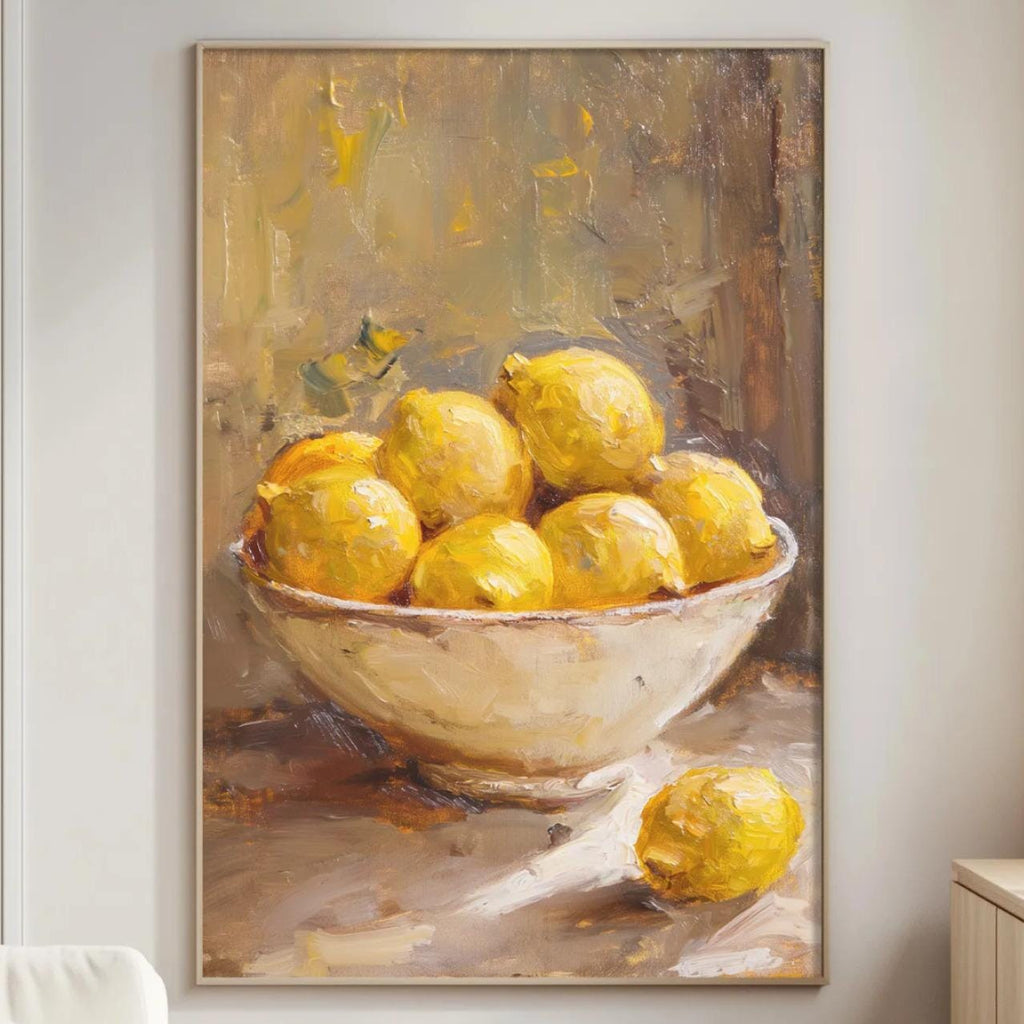 a painting of a bowl of lemons on a wall in a living room.