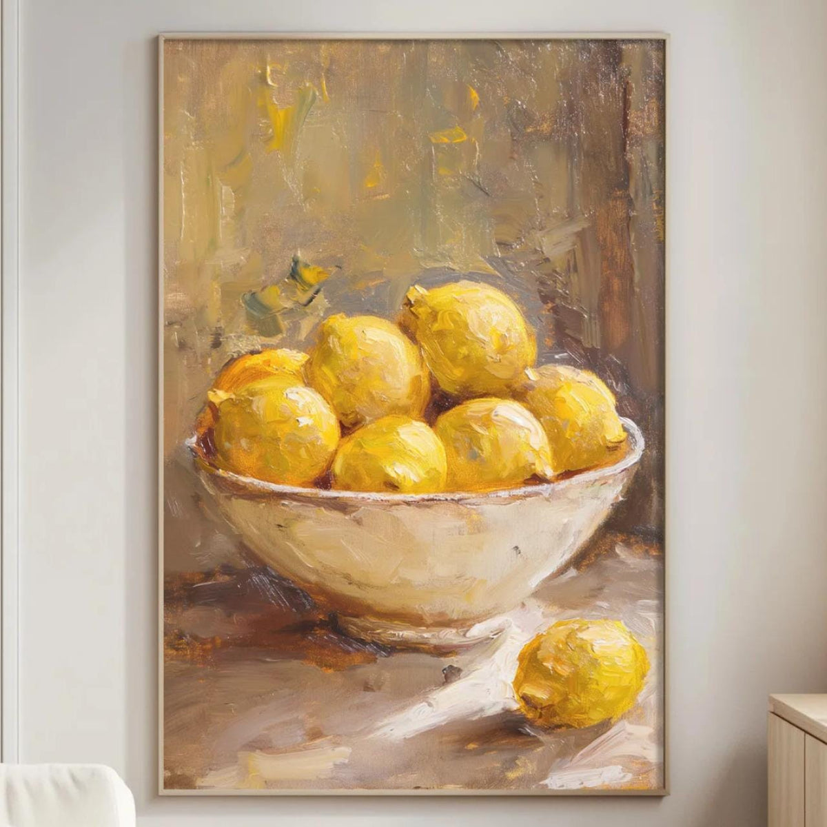 a painting of a bowl of lemons on a wall in a living room.