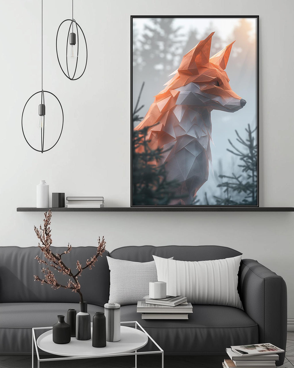 a modern living room with a gray sofa, a coffee table, and a large framed artwork of a stylized fox on the wall.