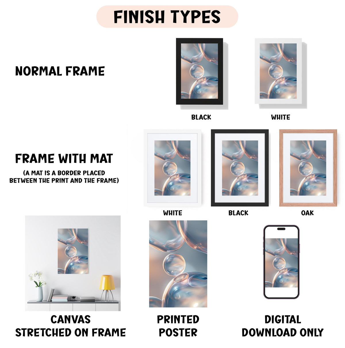 various finish types for artwork, including a normal frame, a frame with a mat, a white frame, a black frame, an oak frame, a white canvas stretched on a frame, a printed poster, and a digital download only.