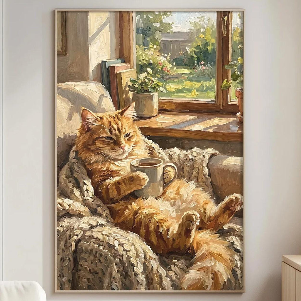 A cozy living room with a large painting of a cat lounging on a couch, surrounded by a warm and inviting atmosphere.
