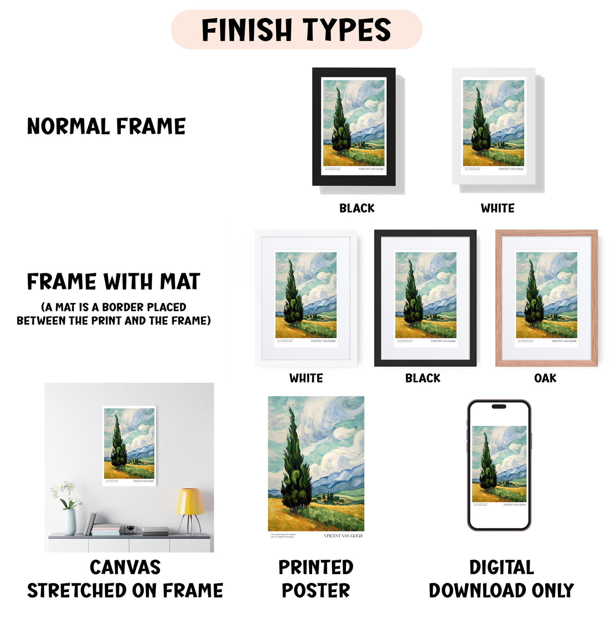 various types of artwork, including a normal frame, a frame with a mat, a white frame, a black frame, an oak frame, a white canvas stretched on a frame, a printed poster, and a digital download only.