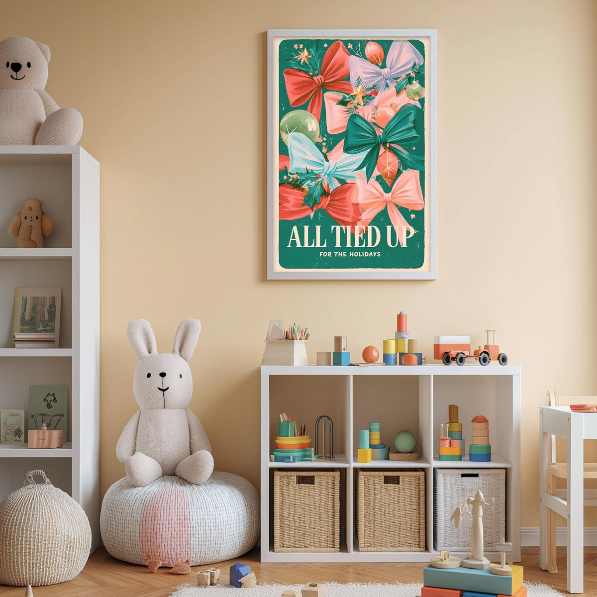 A child's bedroom with a white bookshelf, a stuffed rabbit, and a colorful poster on the wall. The poster features a festive design with bows and presents, and the text "ALL TIED UP FOR THE HOLIDAYS" is displayed.