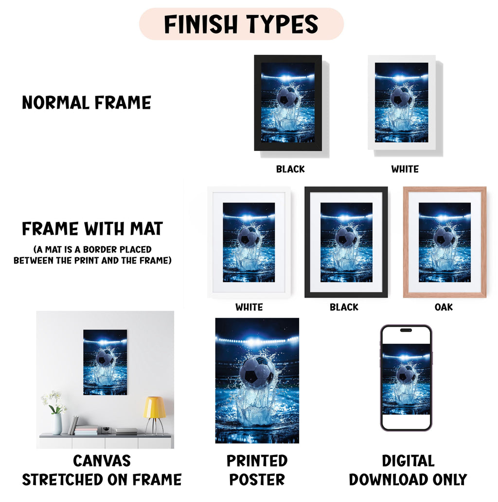 various framed artworks, including a canvas stretched on a frame, a framed poster, and a digital download of a poster. The artworks are presented in different frame colors and styles, such as a normal frame, a black frame, a white frame, and a black frame. The artworks are described as "NORMAL FRAME," "FRAME WITH MAT (A MAT IS A BORDER PLACED BETWEEN THE PRINT AND THE FRAME)," "CANVAS STRETCHED ON FRAME," "PRINTED POSTER," and "DIGITAL DOWNLOAD ONLY."