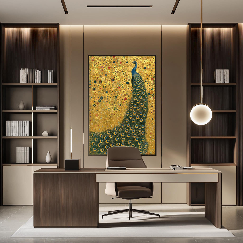 a modern and stylish office space with a large framed painting of a peacock on the wall. The office features a wooden desk, a comfortable chair, and a bookshelf filled with books. The overall design and decor create a sophisticated and elegant atmosphere.