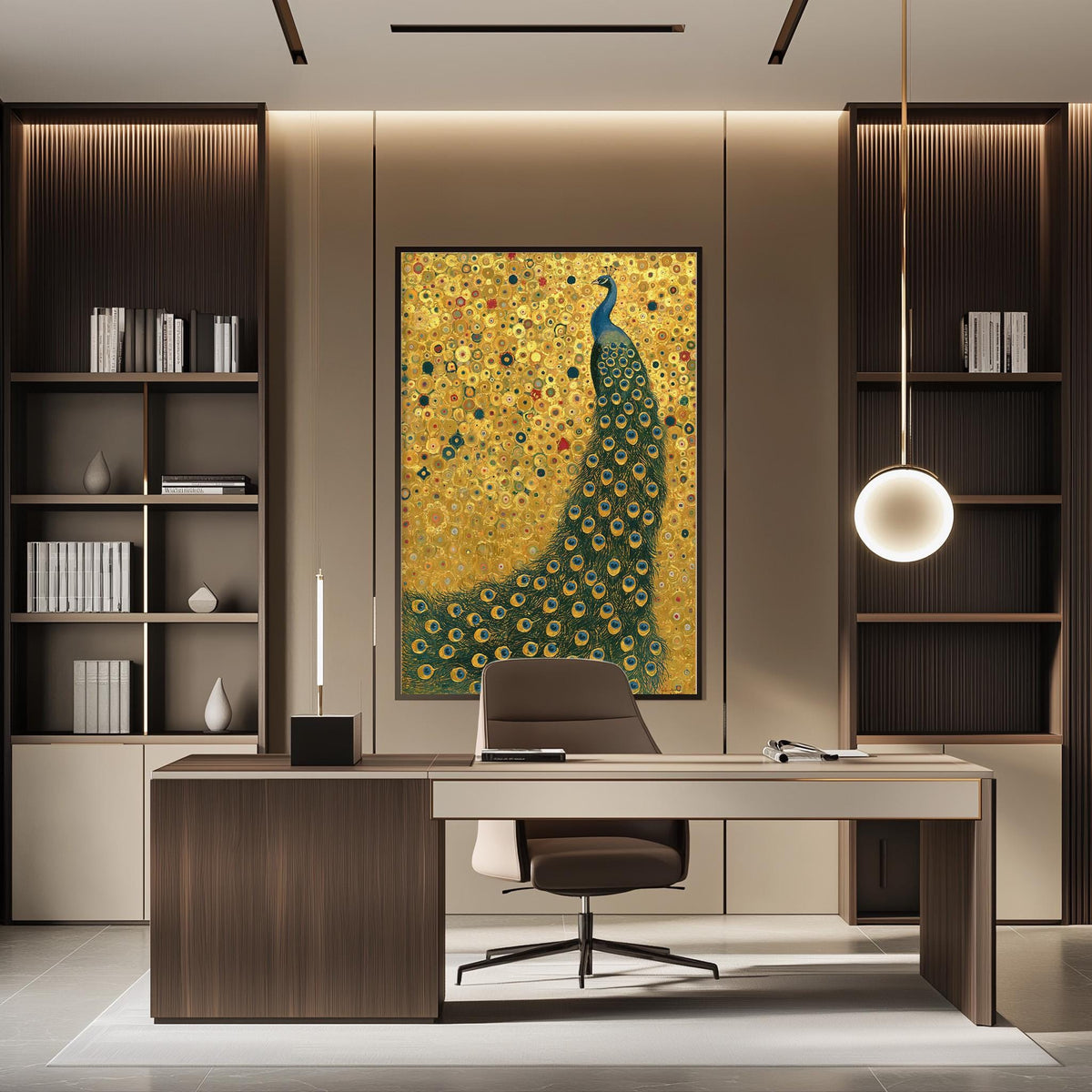 a modern and stylish office space with a large framed painting of a peacock on the wall. The office features a wooden desk, a comfortable chair, and a bookshelf filled with books. The overall design and decor create a sophisticated and elegant atmosphere.