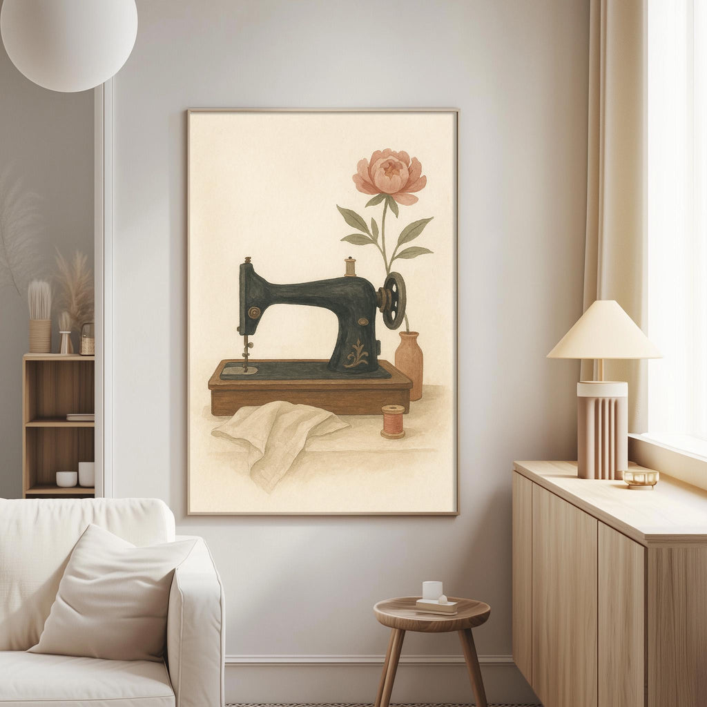 Vintage Sewing Machine Wall Art with Rose — Retro Sewing Room Print