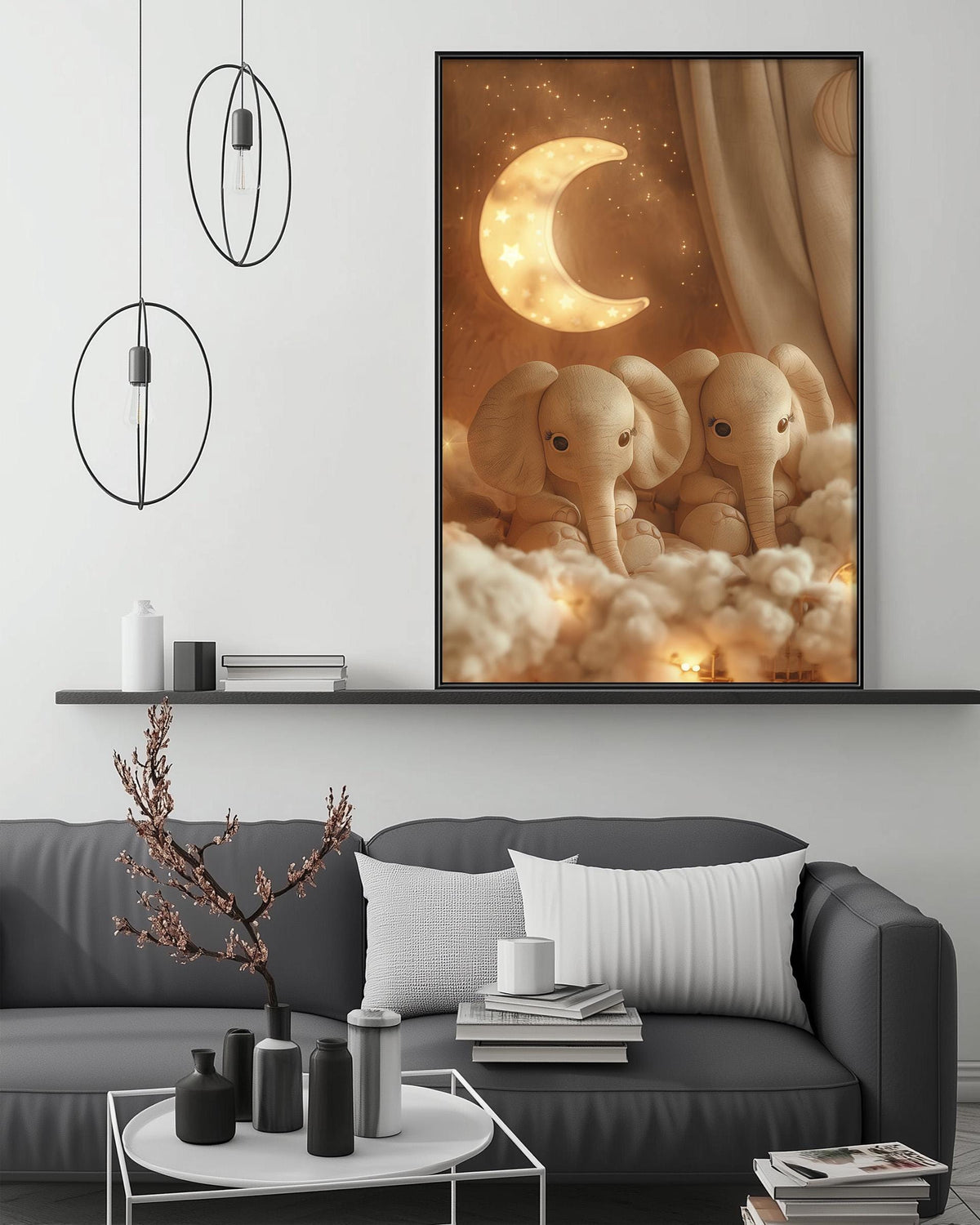 a cozy living room with a gray sofa, a coffee table, and a large framed picture of two elephants sitting on clouds with a crescent moon in the background.
