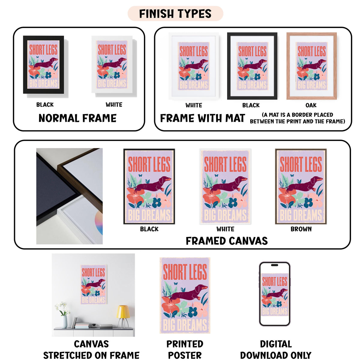 various images of framed artworks, including prints and digital art, with different finishes and frame types.