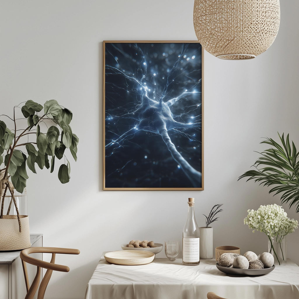 a dining table with a white tablecloth, a bowl of fruit, a bottle, and a vase with flowers. Above the table, there is a framed picture of a brain with blue and white lights, and a hanging light fixture.
