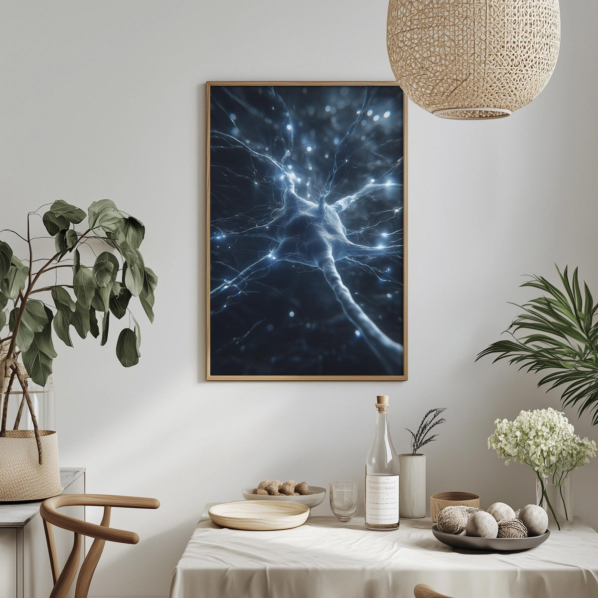 a dining table with a white tablecloth, a bowl of fruit, a bottle, and a vase with flowers. Above the table, there is a framed picture of a brain with blue and white lights, and a hanging light fixture.