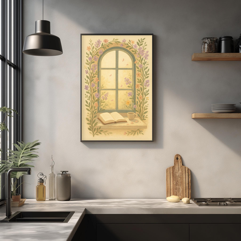 a kitchen scene with a framed painting of a window with flowers hanging above a countertop. The painting is surrounded by various kitchen items, such as a cutting board, a soap dispenser, and a plant.