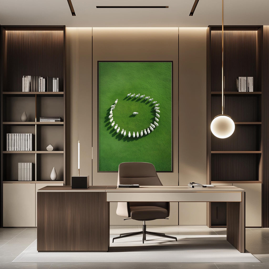 a modern office space with a large framed artwork depicting a circular arrangement of white sheep on a green field. The office has a wooden desk, a comfortable-looking chair, and a bookshelf filled with books. The overall design and color scheme create a calm and professional atmosphere.