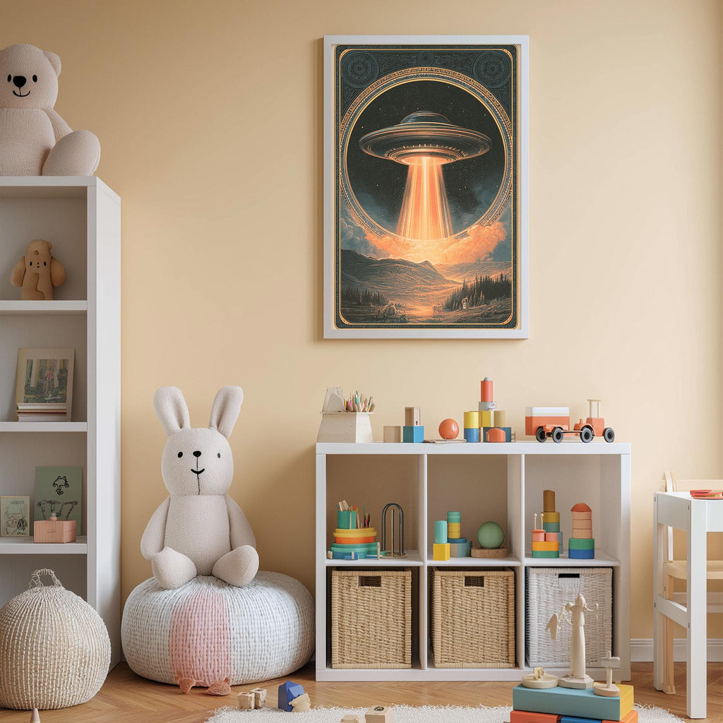 A child's bedroom with a large poster of an alien spacecraft on the wall, a stuffed rabbit, a toy train, and a toy castle.