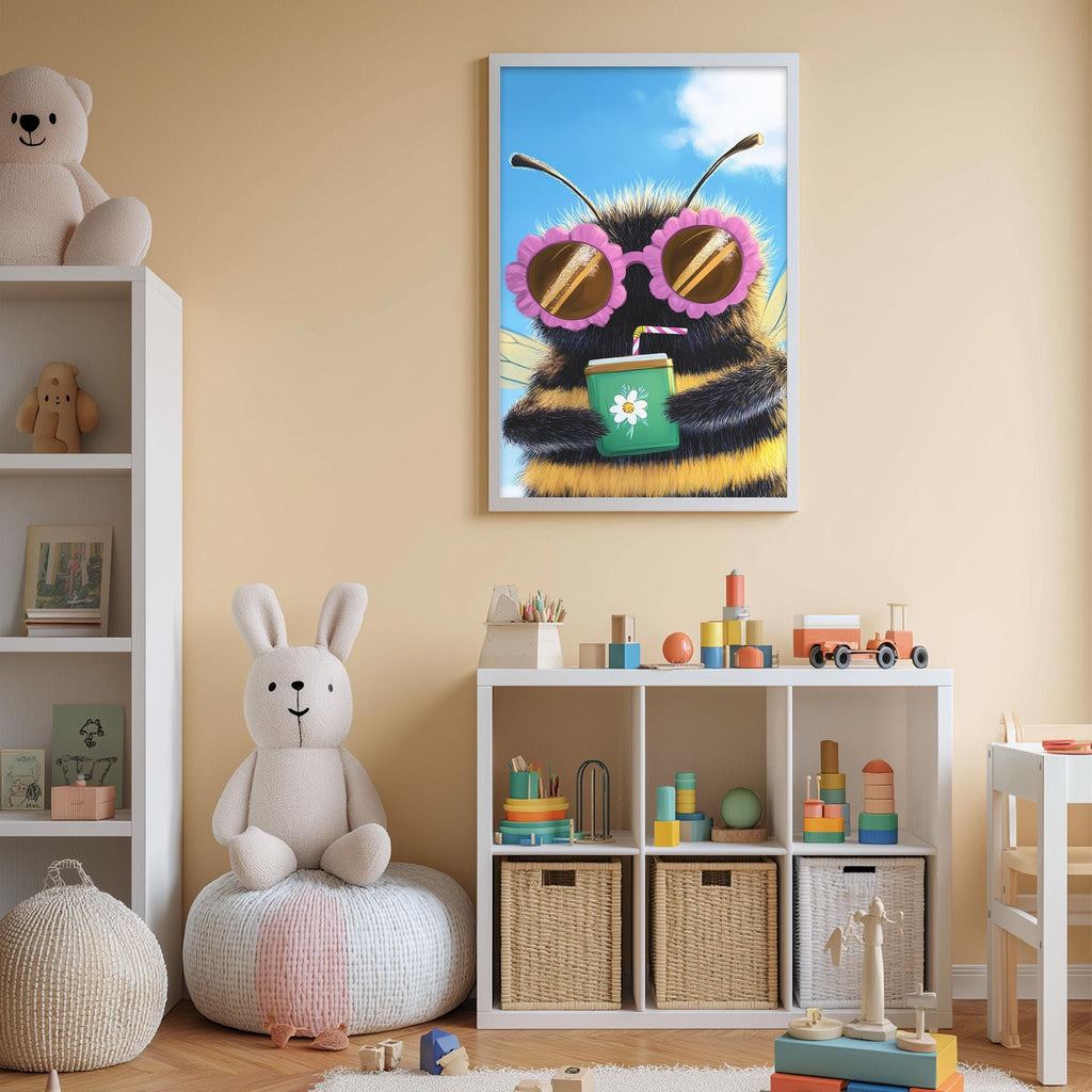 A child's bedroom with a large framed poster of a bee wearing sunglasses, a stuffed rabbit, and a toy truck on a shelf.