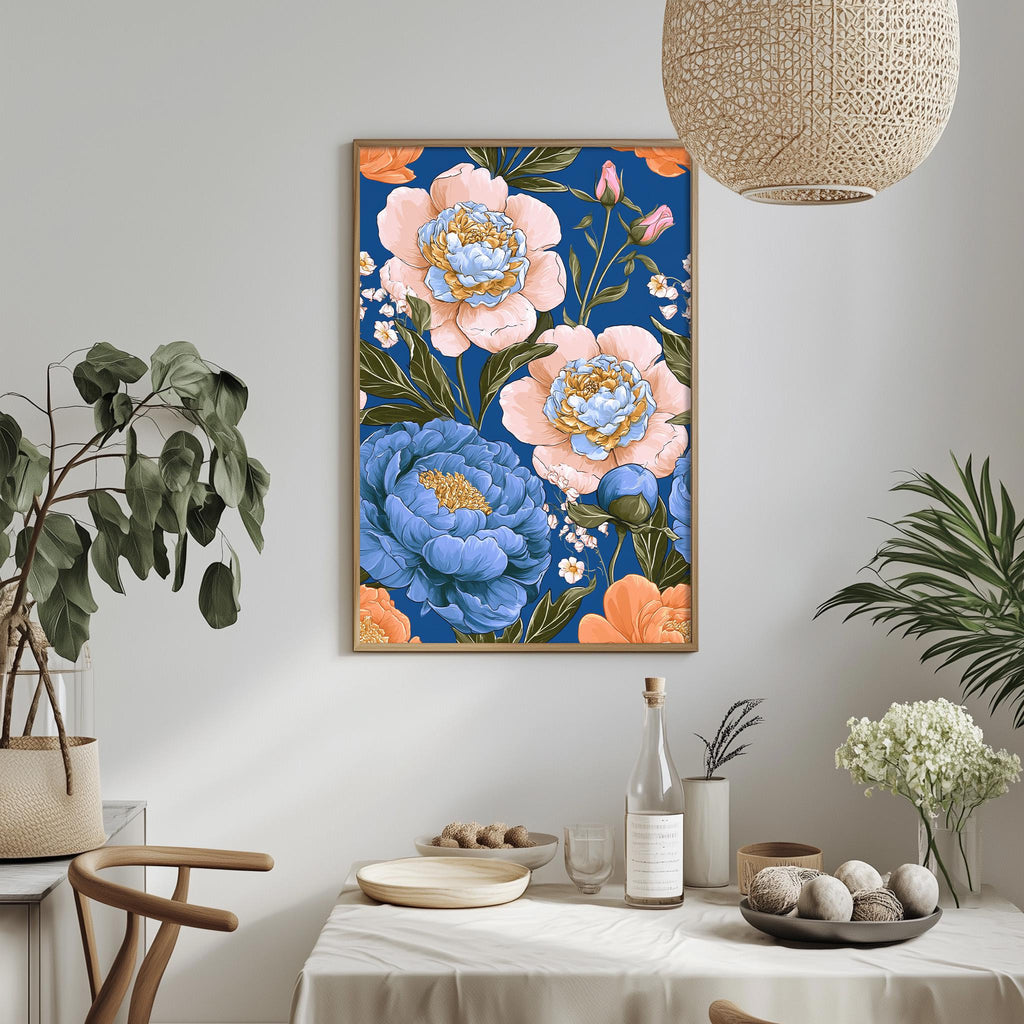 a dining table with a white tablecloth, a vase of white flowers, a bottle, and a bowl of fruit. Above the table, there is a framed picture of a floral design in blue, orange, and white colors.