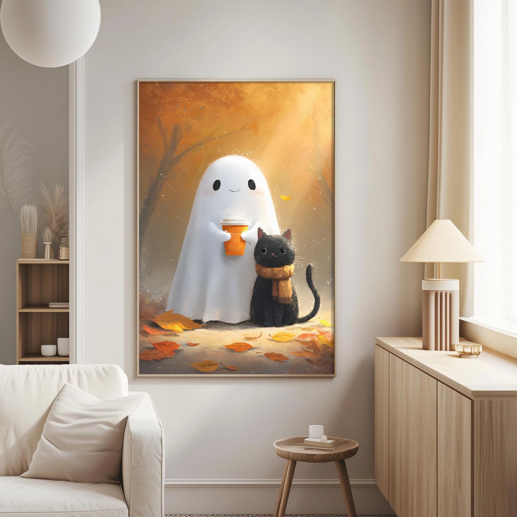 a cozy living room with a white couch, a wooden side table, and a lamp. A framed painting of a ghost holding a cup and a black cat is hanging on the wall, creating a whimsical and festive atmosphere.