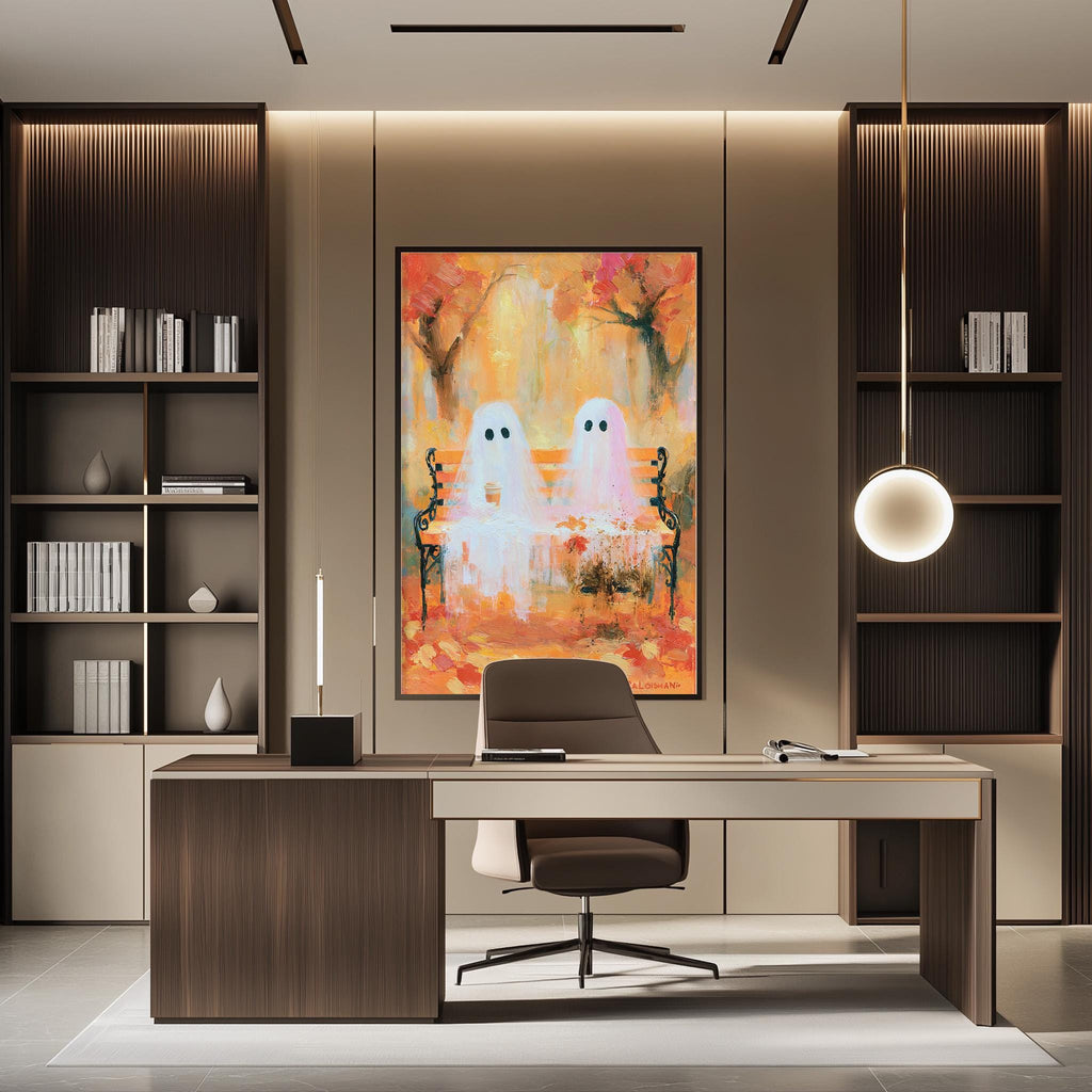 a modern office space with a large abstract painting of two ghostly figures on the wall. The office features a wooden desk, a comfortable-looking chair, and a bookshelf filled with books. The overall design and decor create a sophisticated and professional atmosphere.