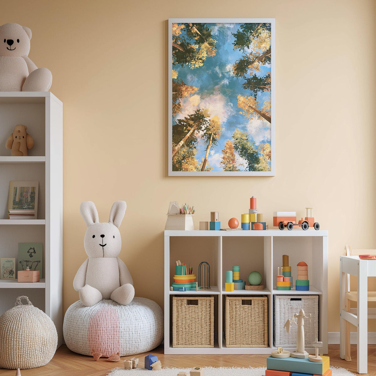 A cozy and colorful children's playroom with a large stuffed rabbit, a bookshelf, and a storage unit filled with toys and books.