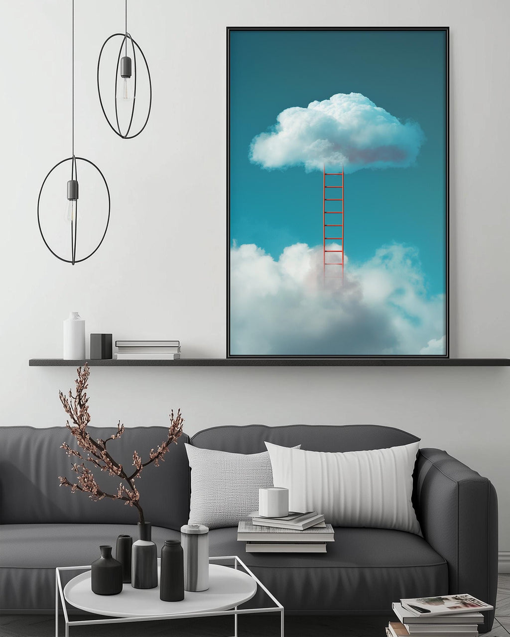 a modern living room with a gray sofa, a coffee table, and a large framed picture of a red ladder leading up to a cloud.