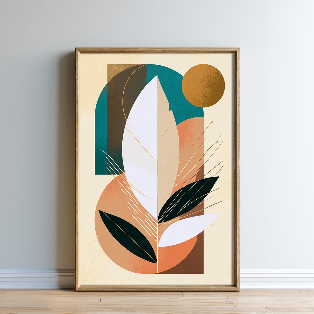 The image is a framed abstract art piece featuring a stylized leaf design with geometric shapes and lines in various colors, including shades of green, orange, and brown.