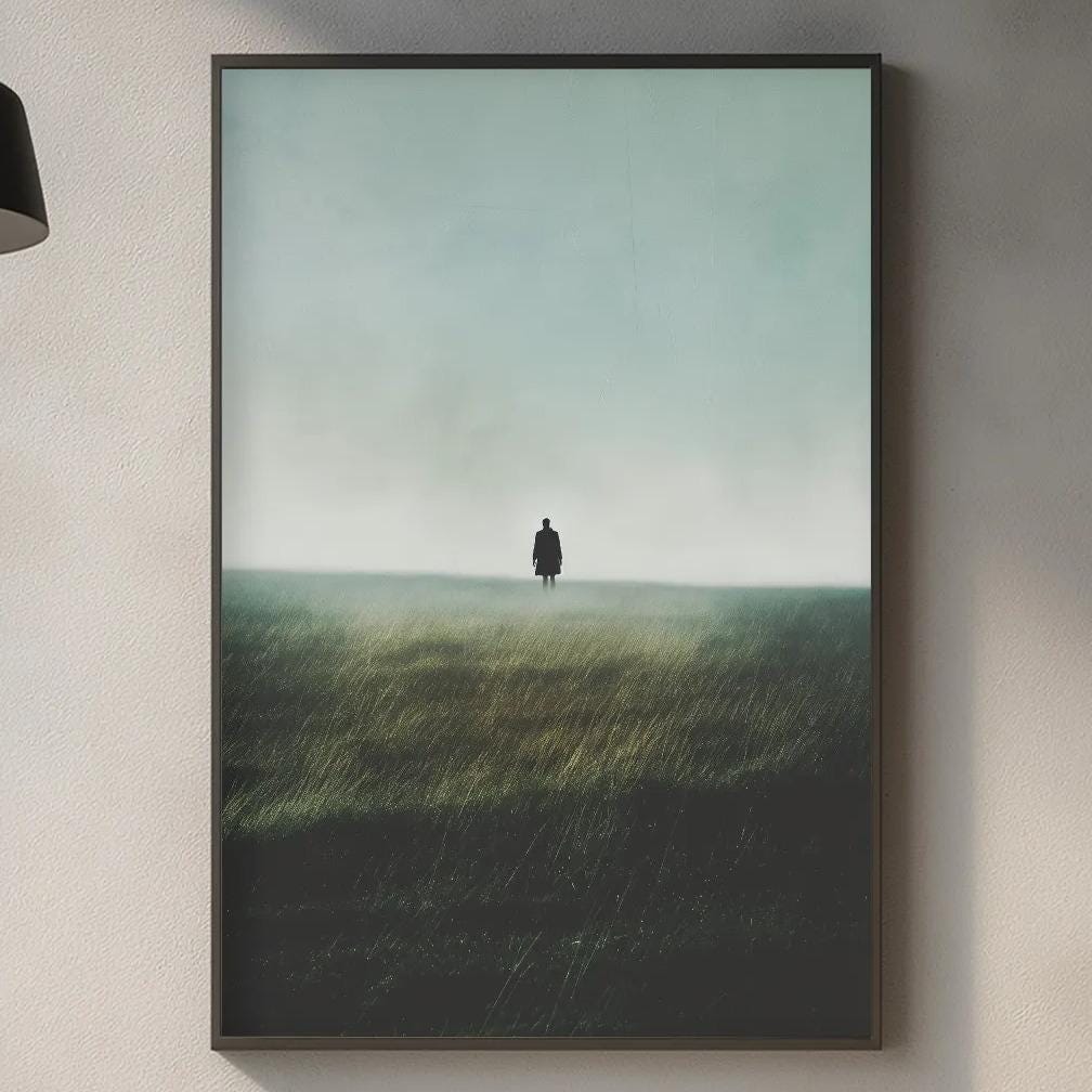 a minimalist kitchen scene with a large framed landscape painting hanging on the wall above a countertop with various kitchen items such as a cutting board, a soap dispenser, and a plant.