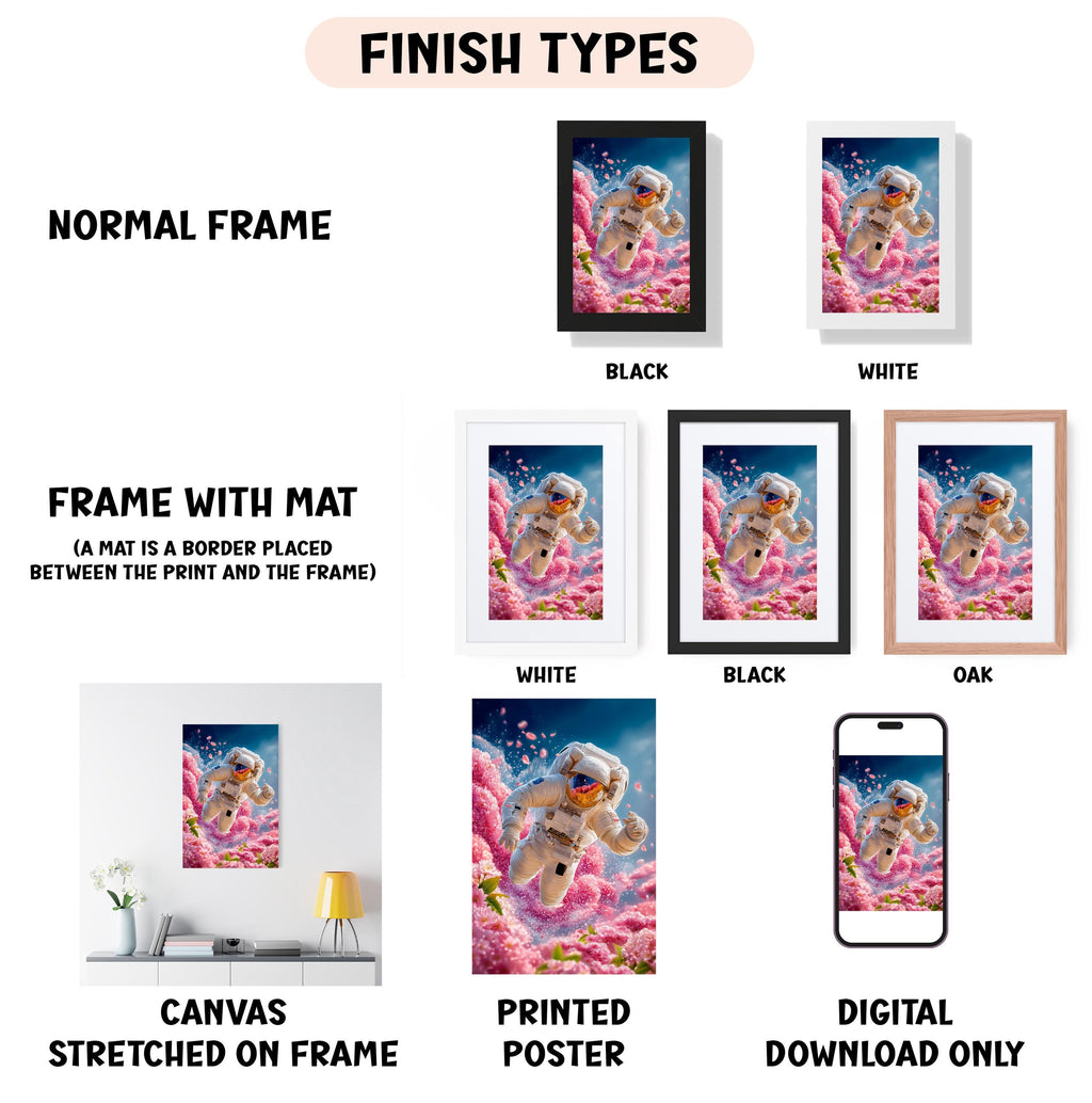 various types of framed artwork, including a normal frame, a frame with a mat, a white frame, a black frame, an oak frame, a white frame, a black frame, a printed poster, and a digital download only. The artwork features a space theme, with a person in a spacesuit and a background of pink and blue flowers.