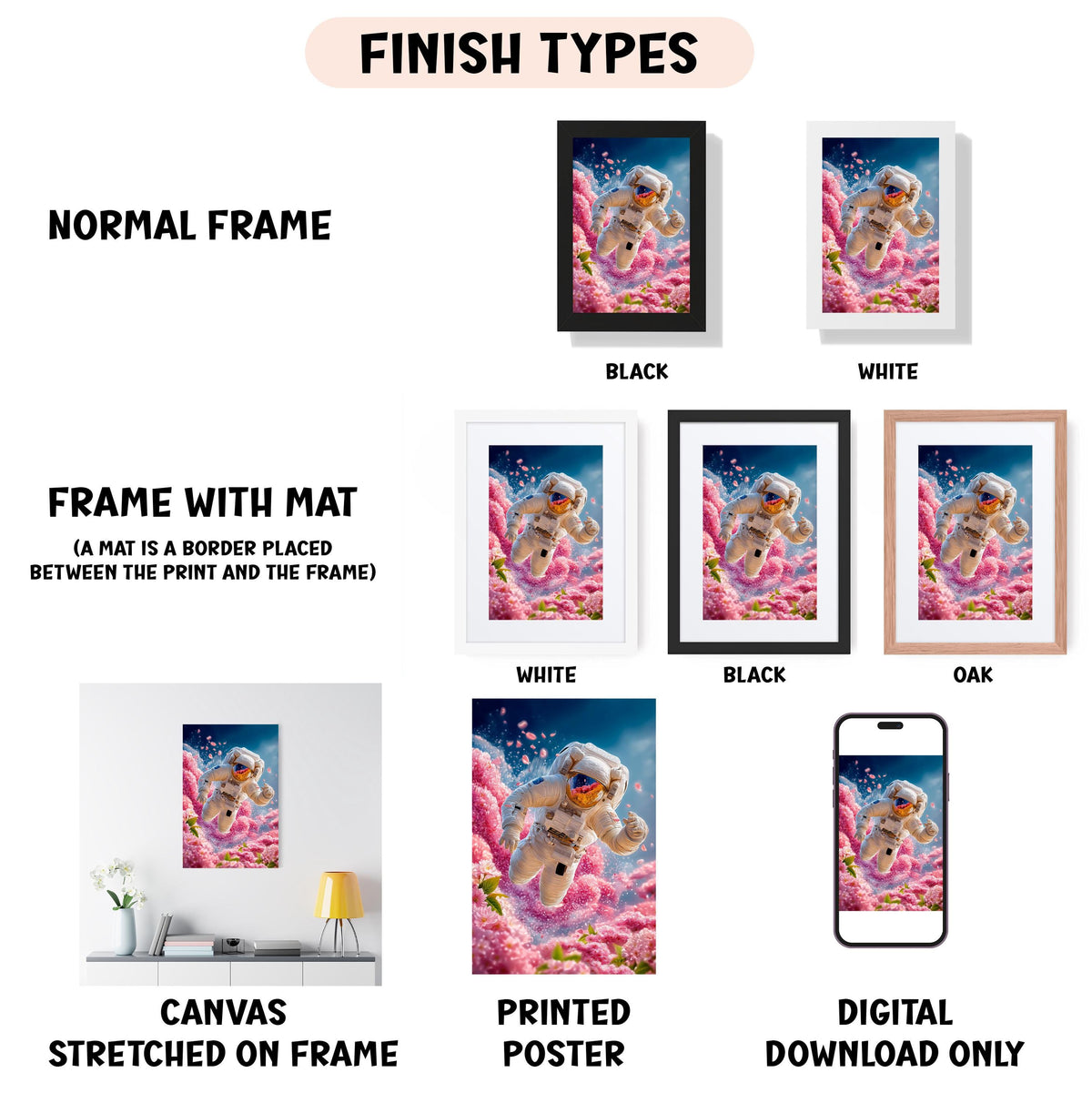 various types of framed artwork, including a normal frame, a frame with a mat, a white frame, a black frame, an oak frame, a white frame, a black frame, a printed poster, and a digital download only. The artwork features a space theme, with a person in a spacesuit and a background of pink and blue flowers.