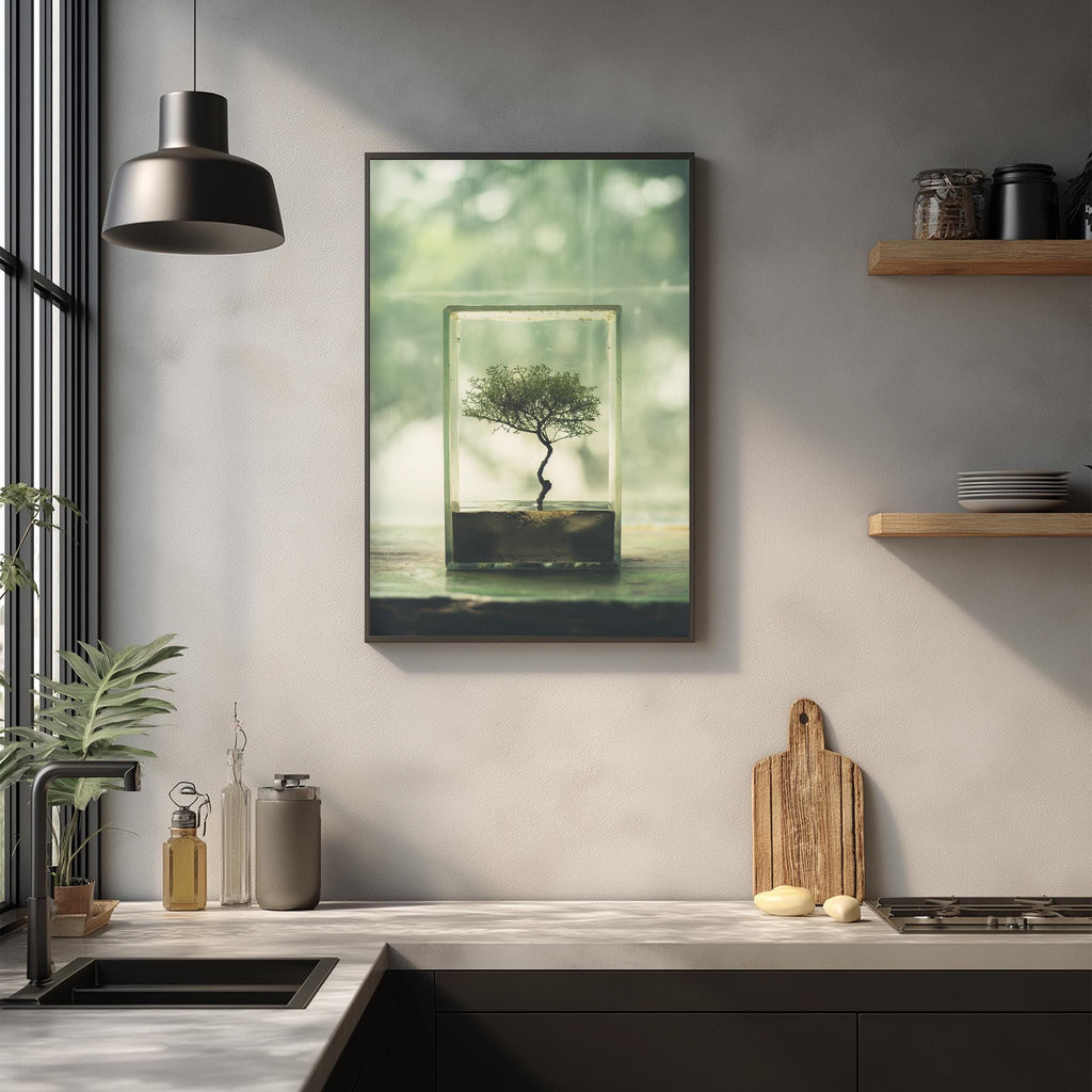 a minimalist kitchen interior with a framed picture of a bonsai tree on the wall, a wooden cutting board, and various kitchen accessories such as a soap dispenser and a bottle.