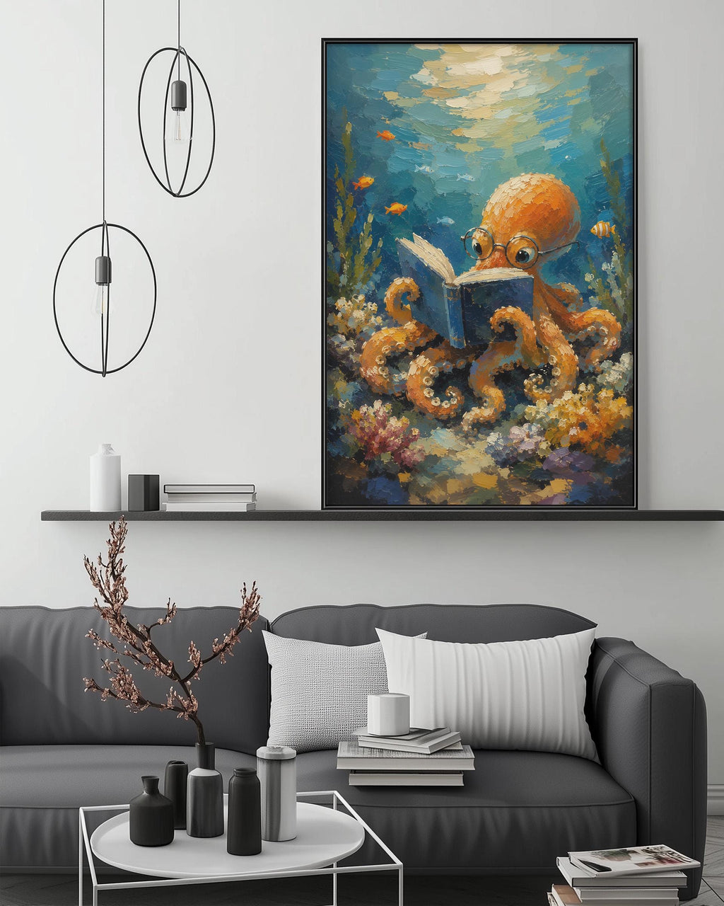 an orange octopus sitting on a gray couch and reading a book, surrounded by a colorful underwater scene.