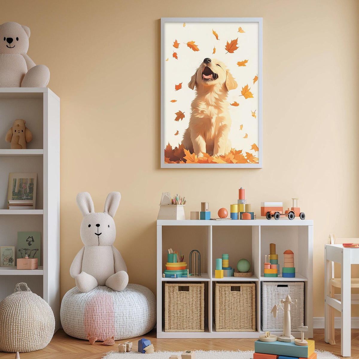 A cozy children's room with a white bookshelf, a stuffed rabbit, and a toy train. Above the bookshelf is a framed picture of a dog with autumn leaves falling around it.