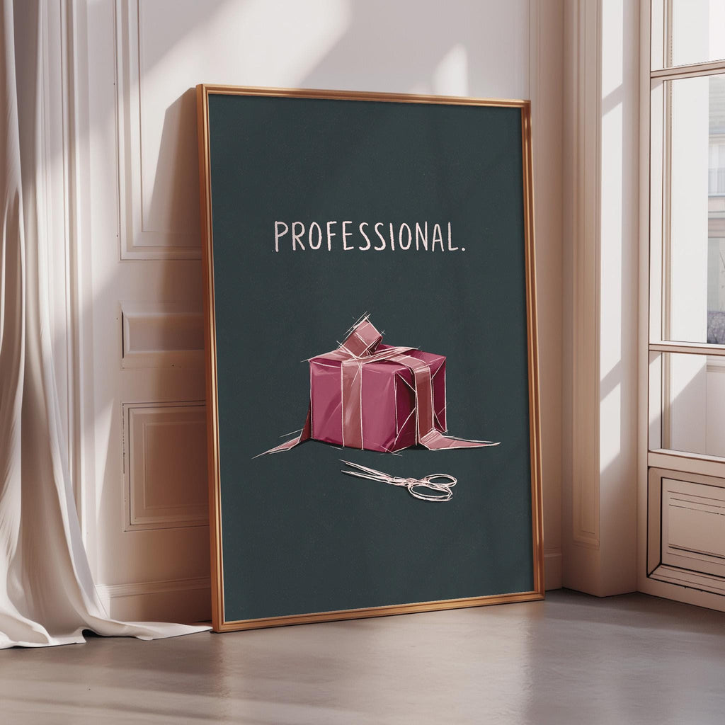 a framed poster with a pink gift box and a pair of scissors on a dark background.