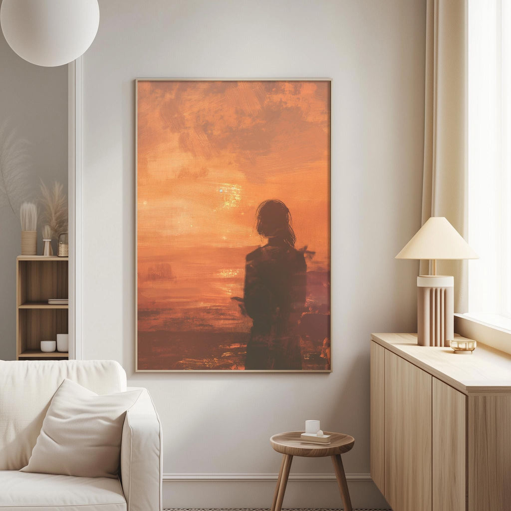 a large painting of a woman standing in front of a sunset, hanging on a wall in a living room.