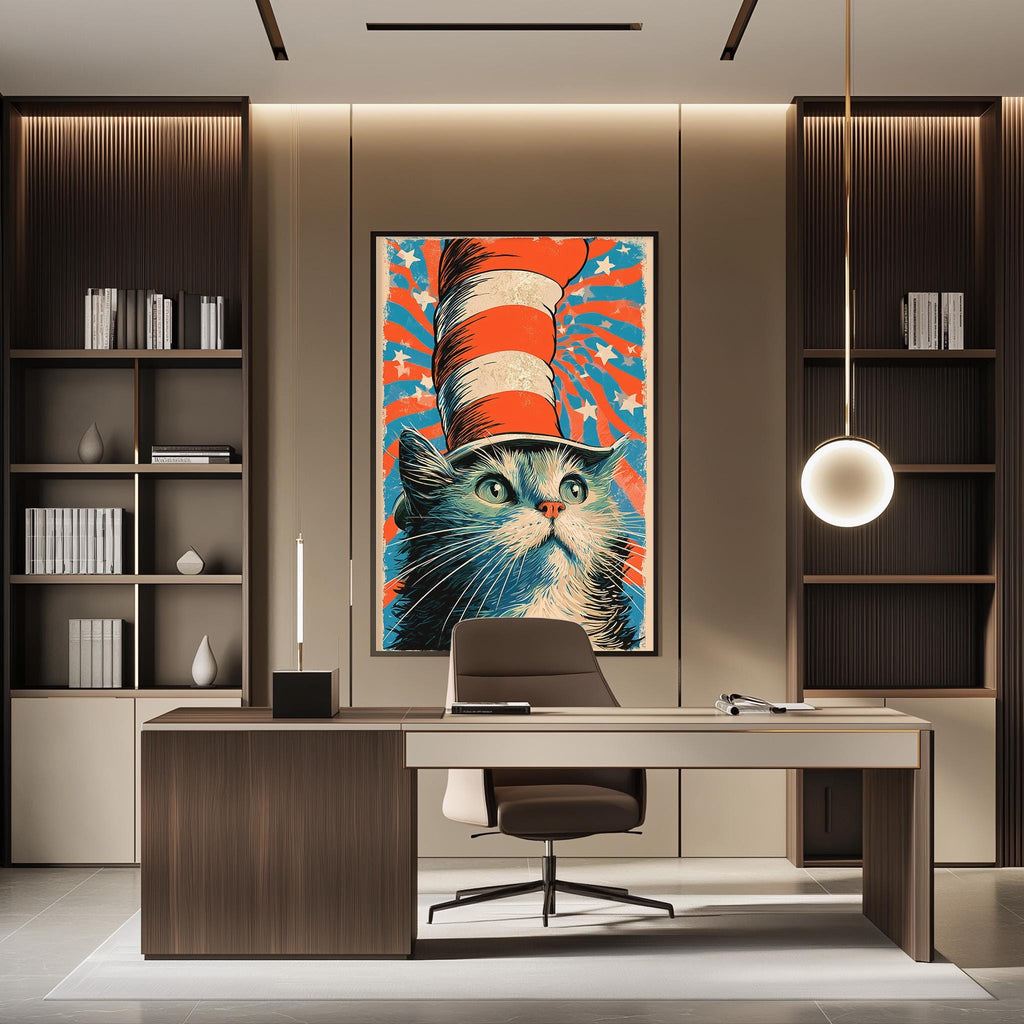 a modern office space with a large framed poster of a cat wearing a red and white striped hat on the wall. The office has a wooden desk, a chair, and a bookshelf filled with books.