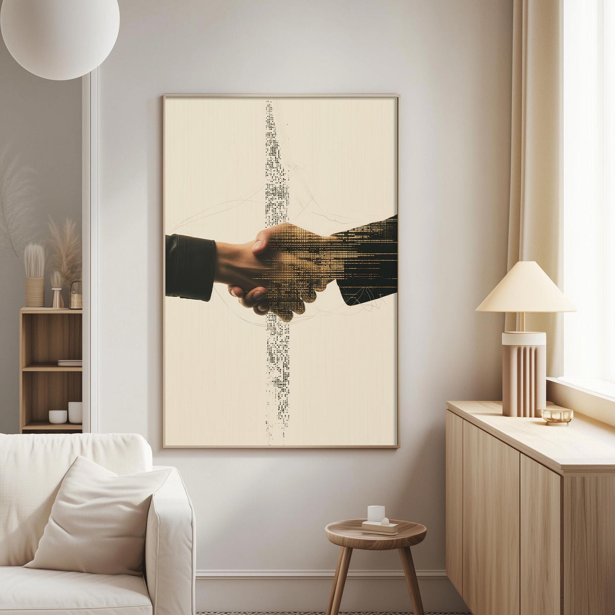 a living room with a white couch, a wooden side table, and a framed artwork of two hands shaking above the couch.
