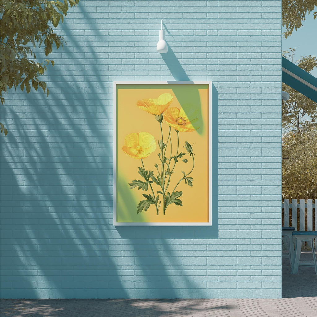a blue brick wall with a framed painting of yellow flowers hanging on it.