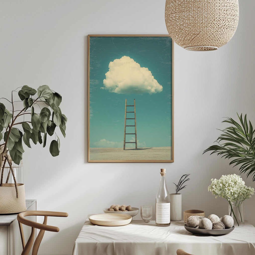 a dining table with a white tablecloth, a bottle, a bowl, and a vase with flowers. Above the table, there is a framed picture of a ladder leading up to a cloud.
