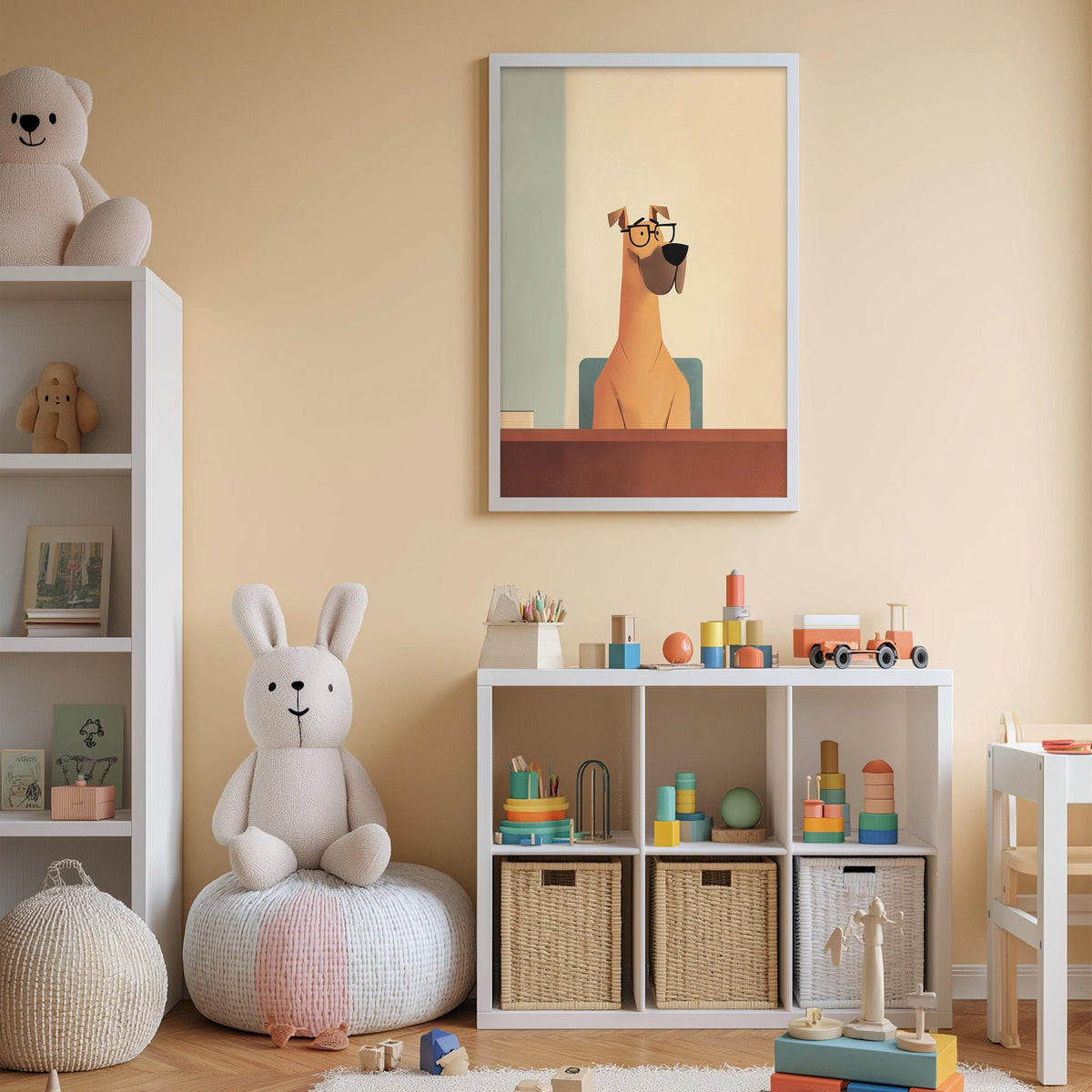 A child's bedroom with a white bookshelf, a stuffed rabbit, a stuffed dog, and a framed picture of a cartoon dog.