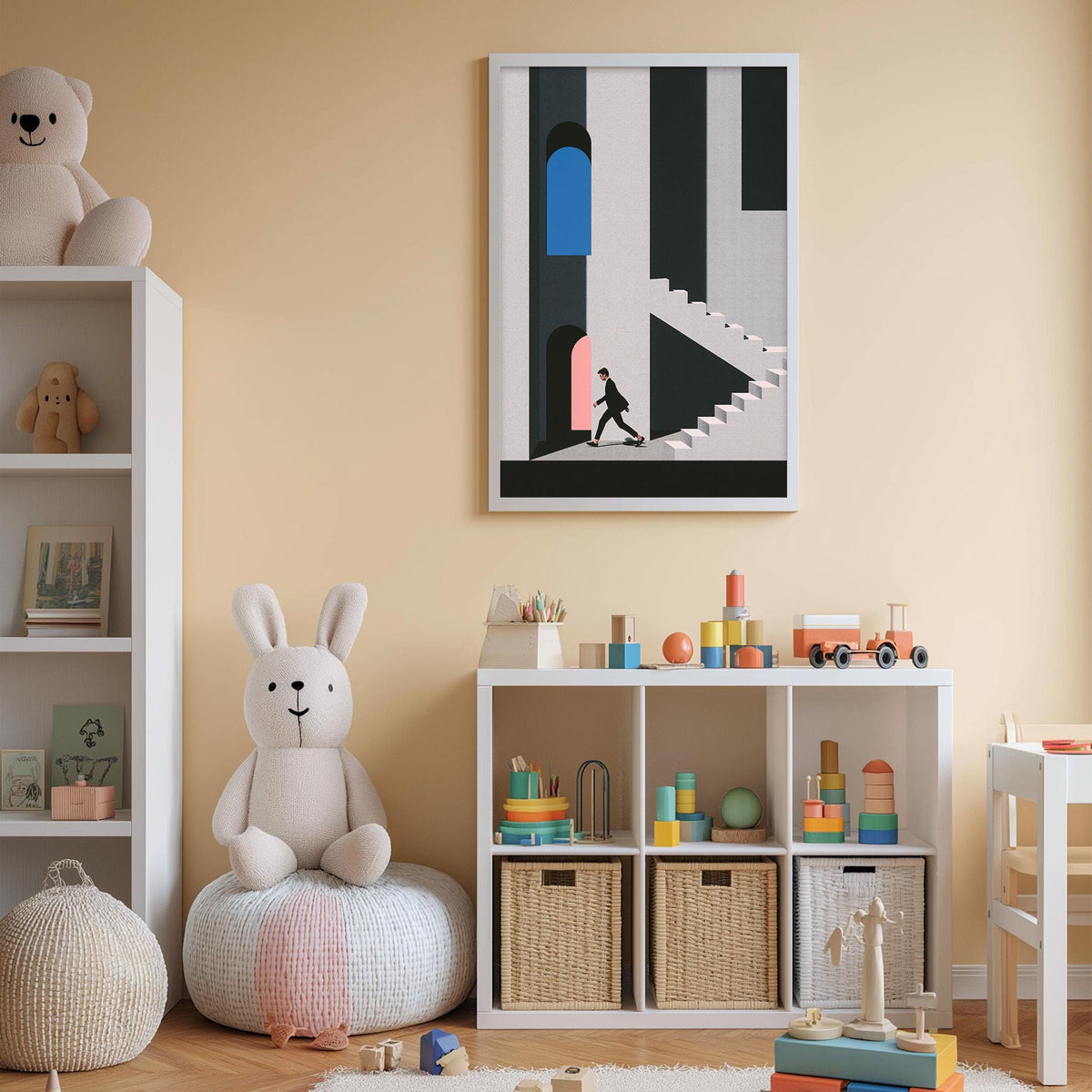 A cozy children's room with a white bookshelf, a plush rabbit, and a colorful toy box filled with toys. A framed artwork depicting a person walking up a staircase is displayed on the wall above the bookshelf.