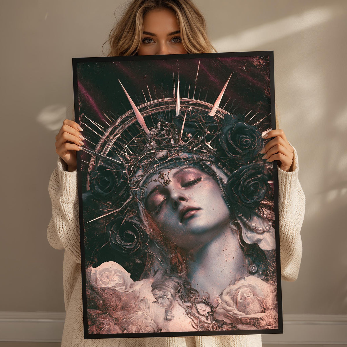 A woman holds up a framed artwork depicting a woman's face with a crown of roses and a dramatic, ethereal background.