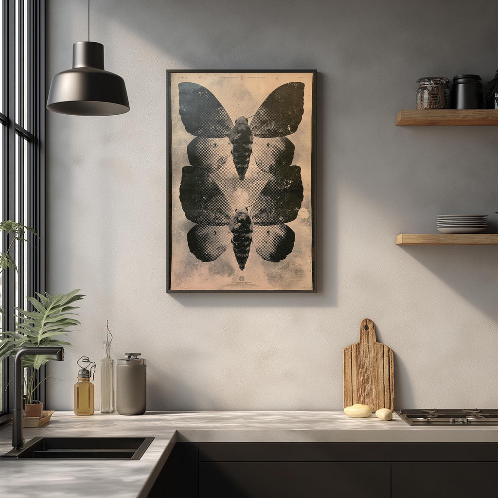 a kitchen counter with a framed print of two butterflies, a wooden cutting board, and various kitchen items such as a bottle, a vase, and a bowl.