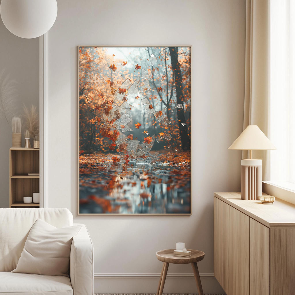 a large framed painting of a forest scene with autumn leaves, hanging on a wall in a living room.